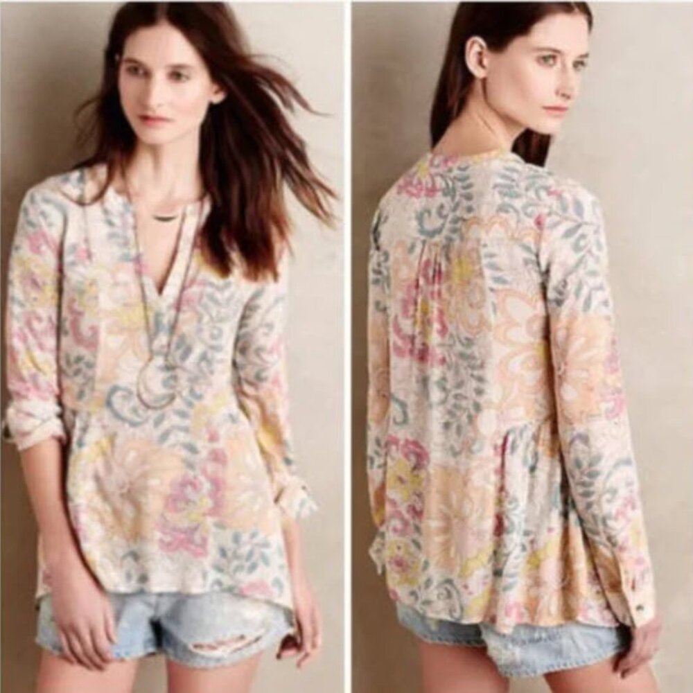 Maeve Anthropologie Laiken Floral Top V-Neck Long Sleeve Pastel Multicolor Sz 6
